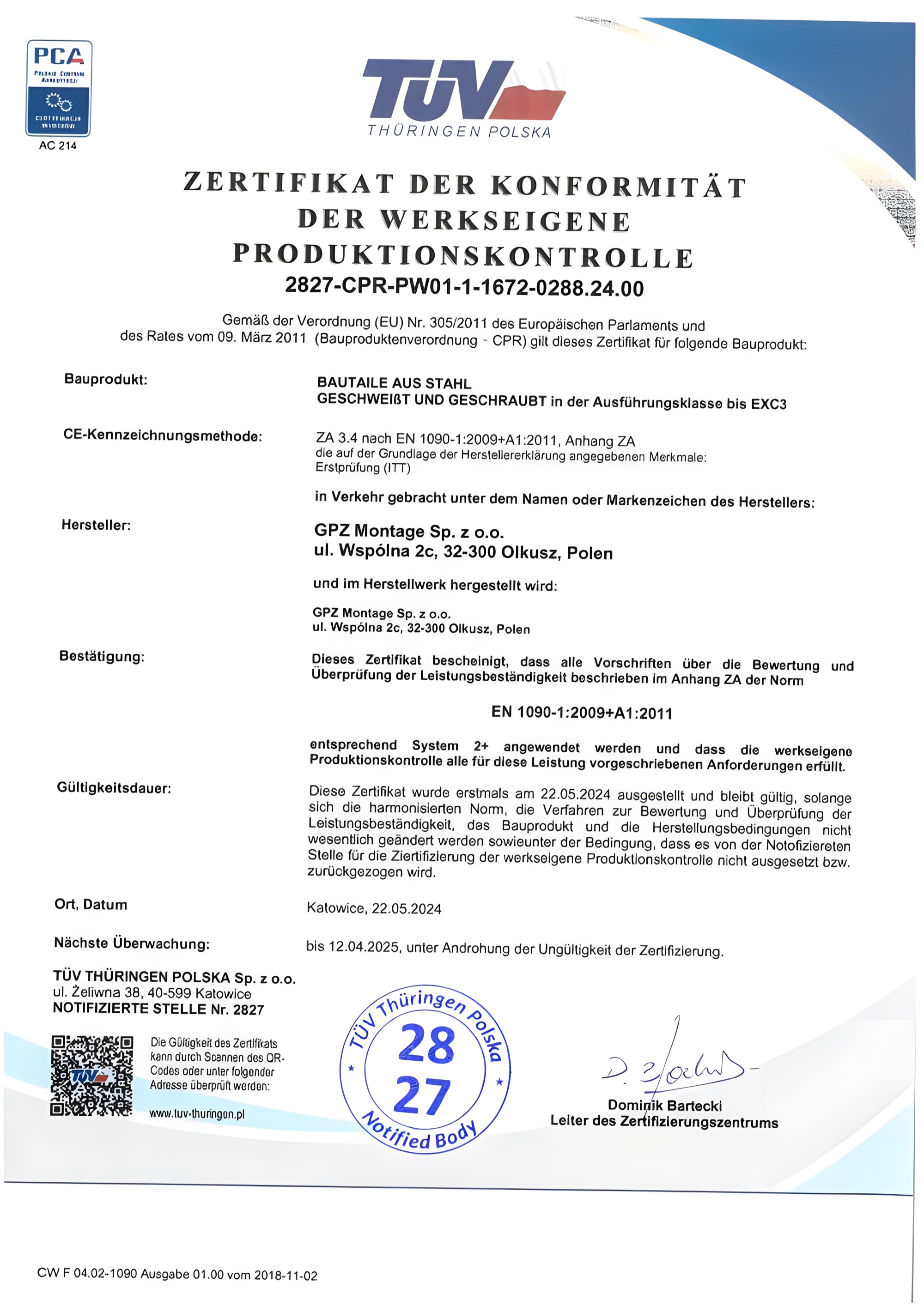 Certyfikat EN 1090 strona 1