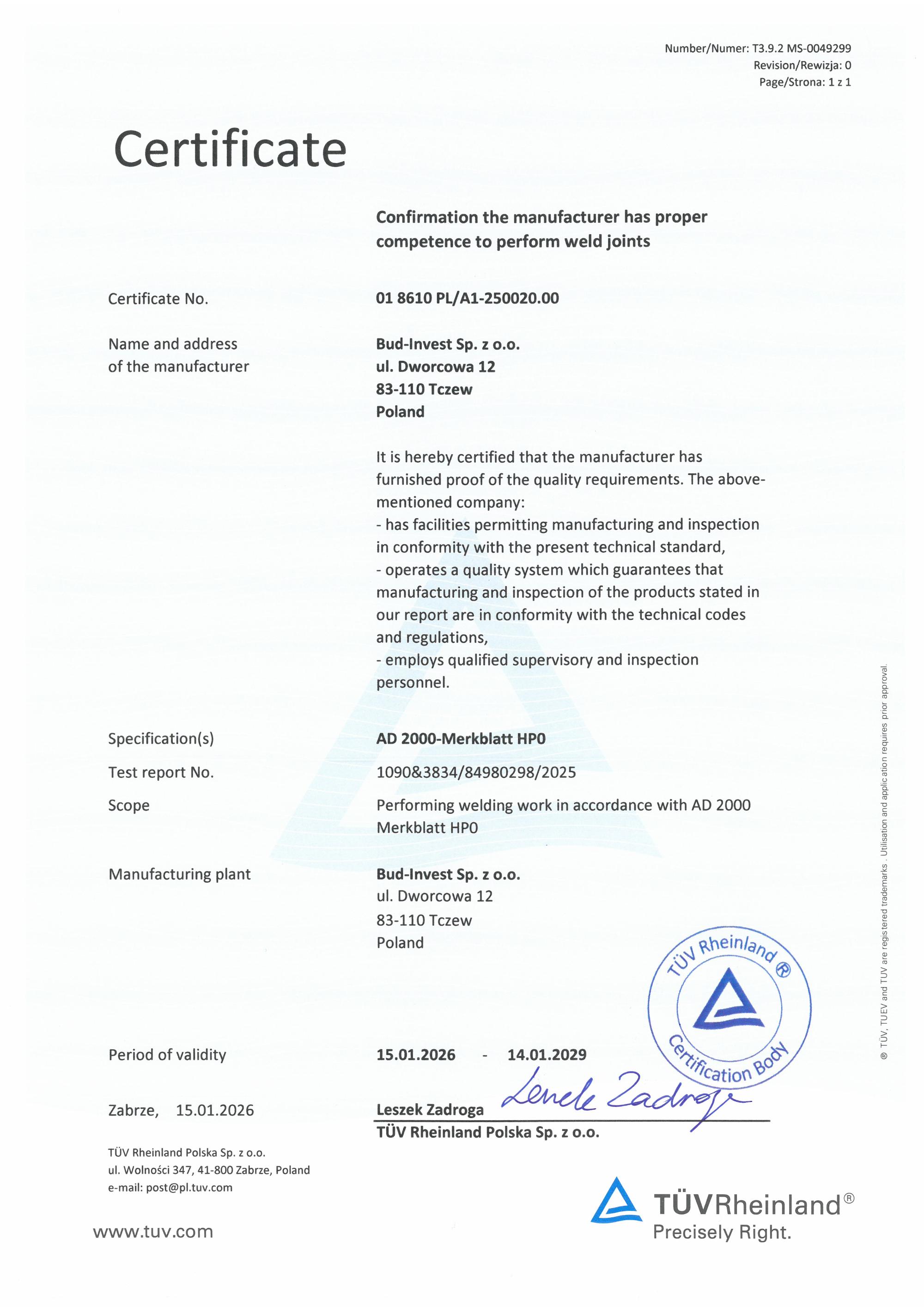 AD 2000-Merkblatt HP0 certificate - pressure equipment