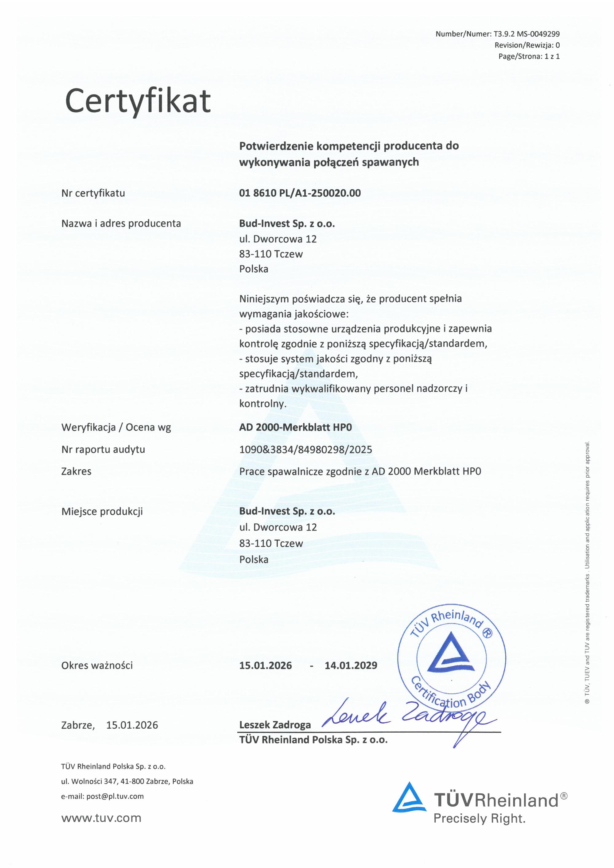 Certyfikat AD 2000-Merkblatt HP0 - urządzenia ciśnieniowe