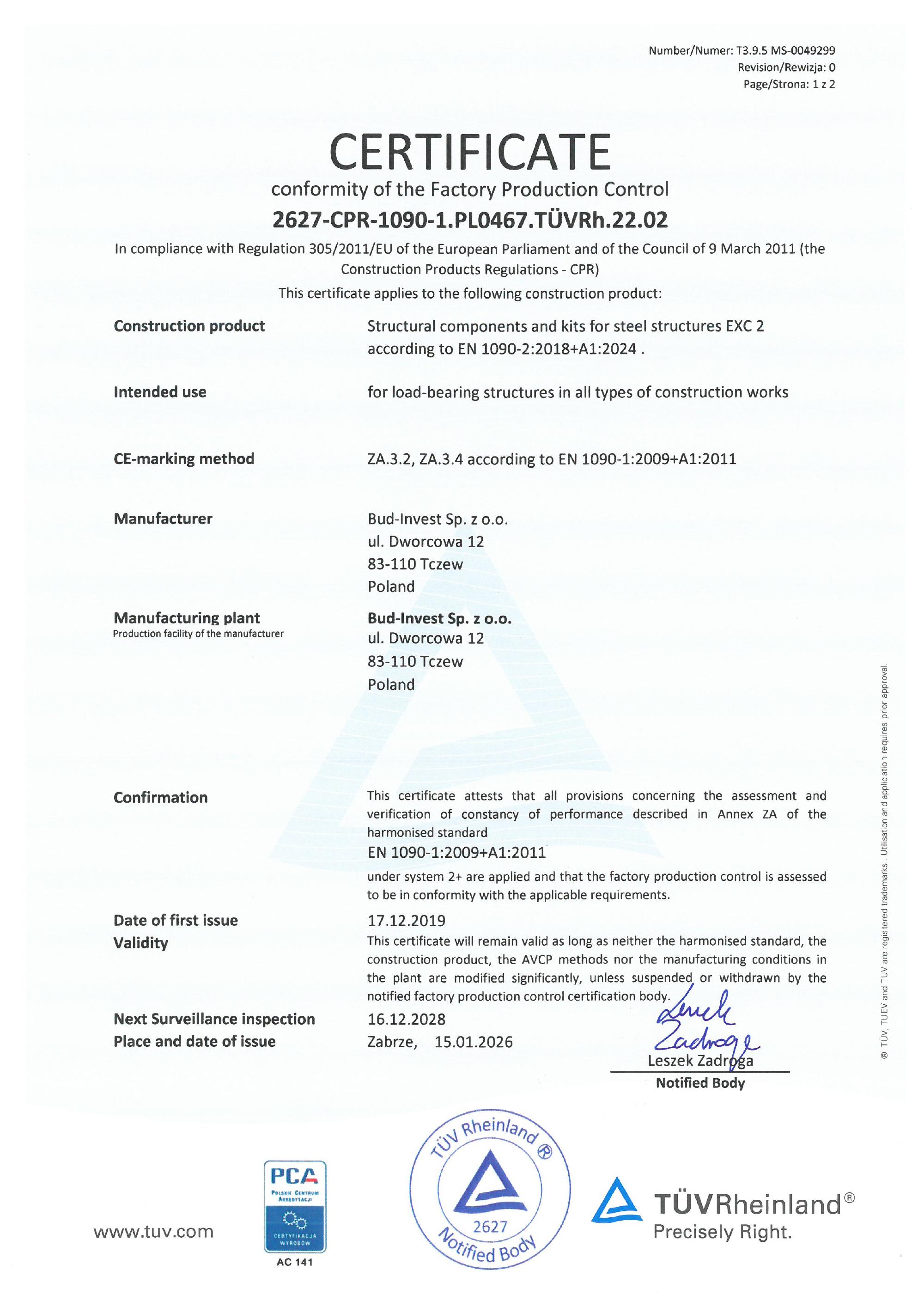 EN 1090-1 certificate - Factory Production Control / CE marking