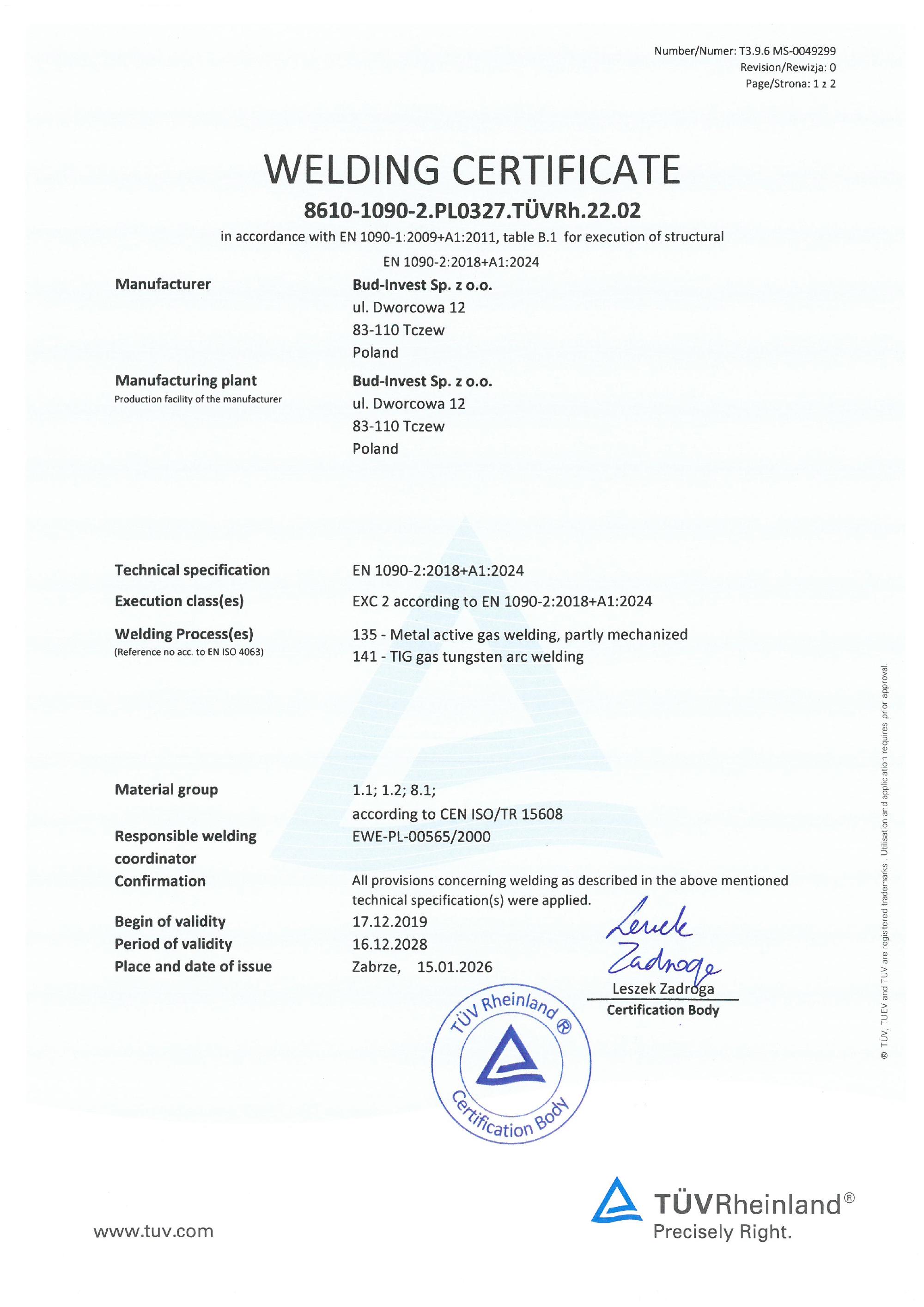 EN 1090-2 welding qualification certificate (EXC 2)