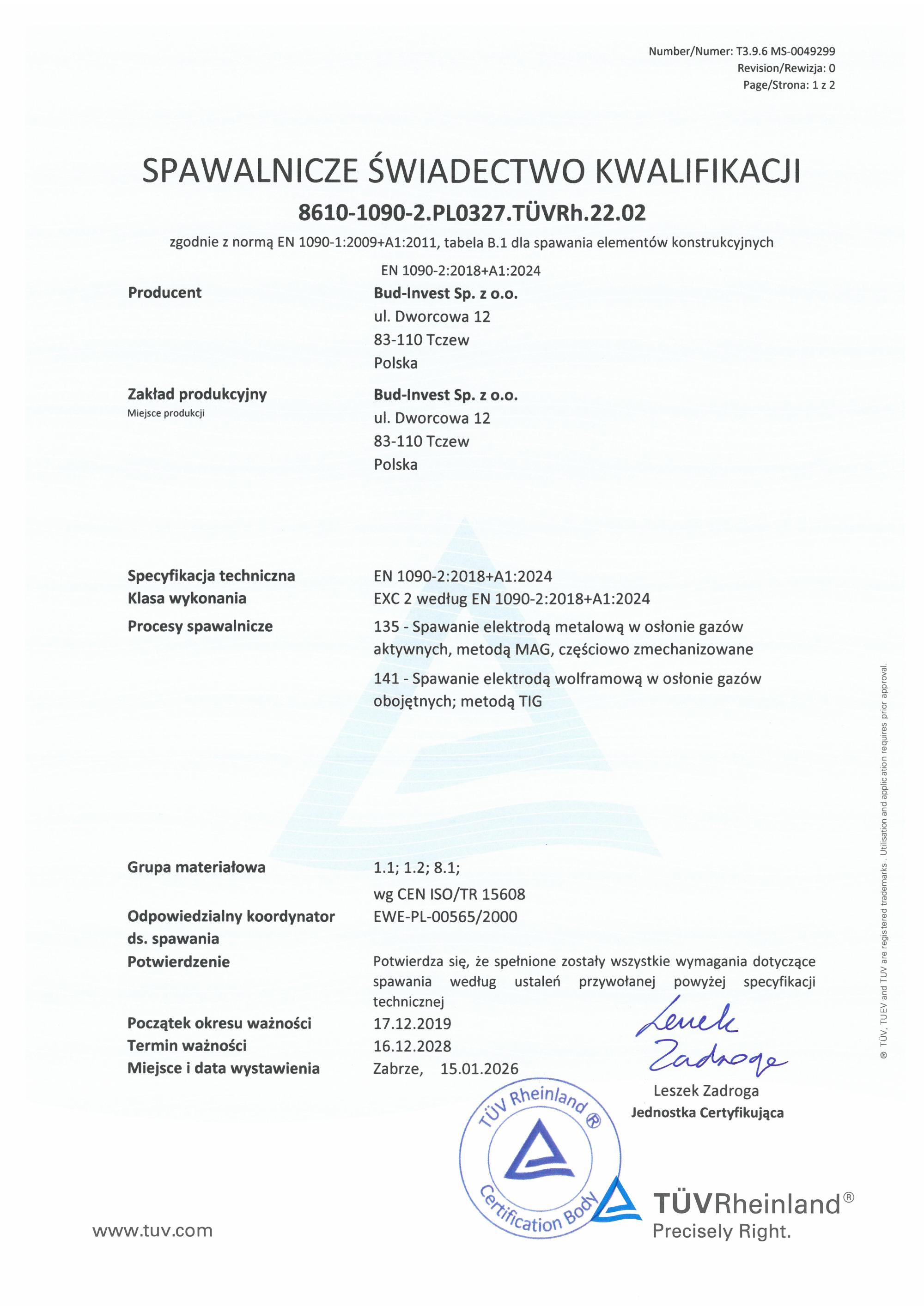 Spawalnicze świadectwo kwalifikacji EN 1090-2 (EXC 2)