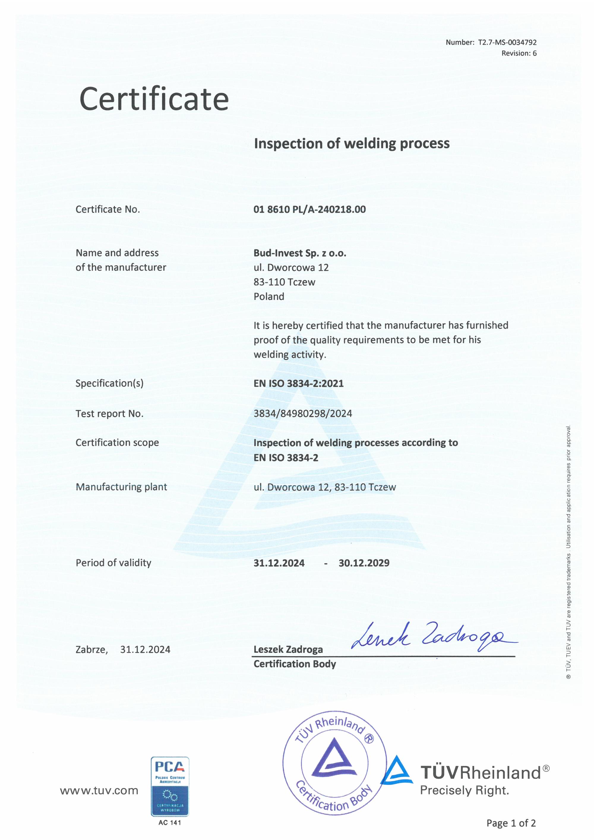 EN ISO 3834-2 certificate - welding quality
