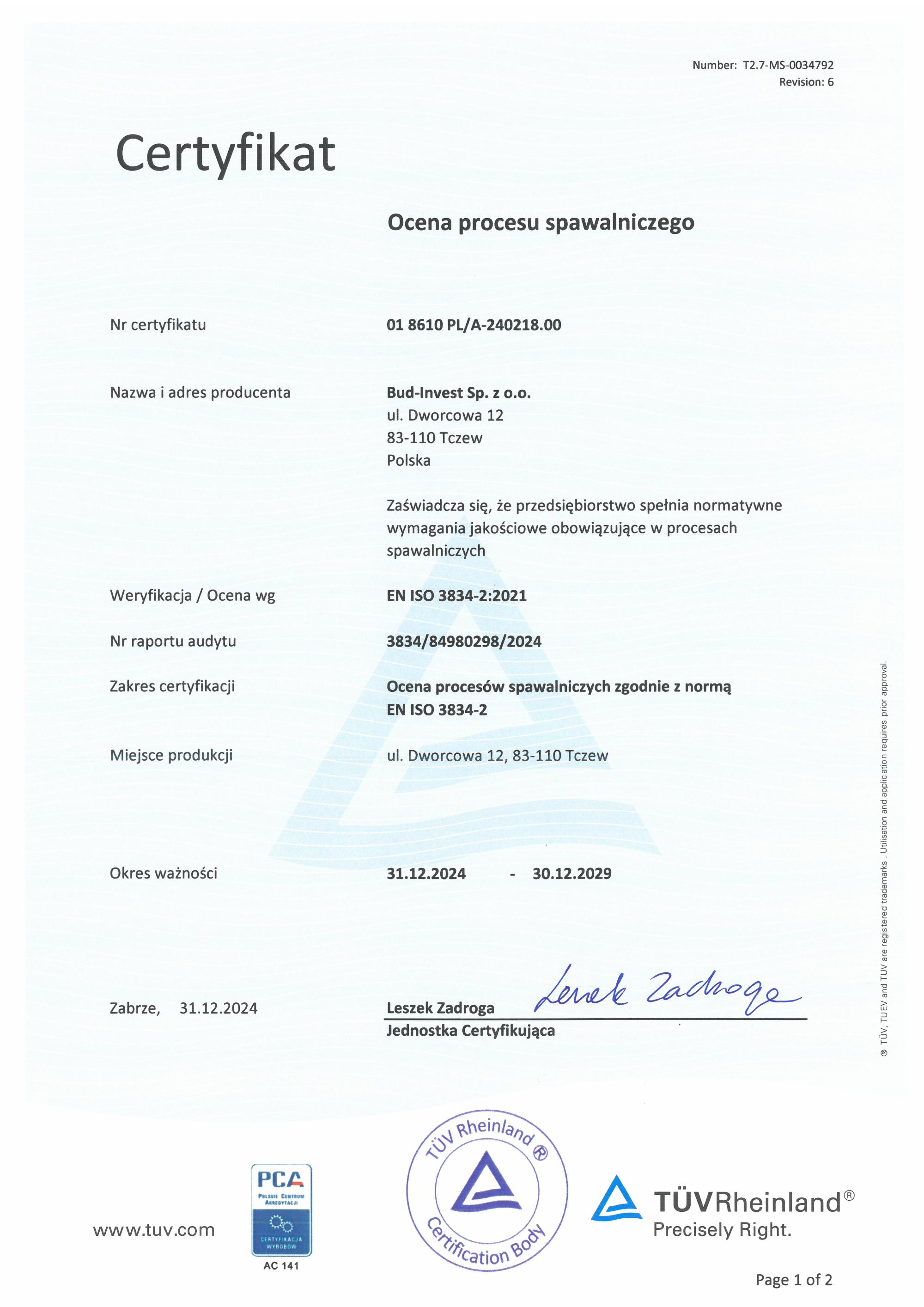 Certyfikat EN ISO 3834-2