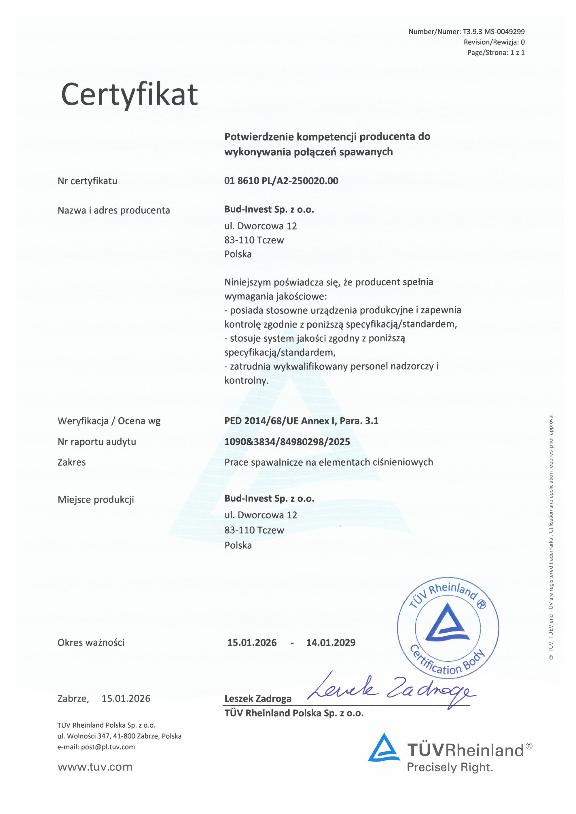 PED 2014/68/EU certificate - pressure elements